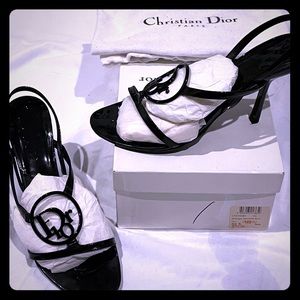 Dior Strappy Logo Sandals, Black Patent, Sz 39.5